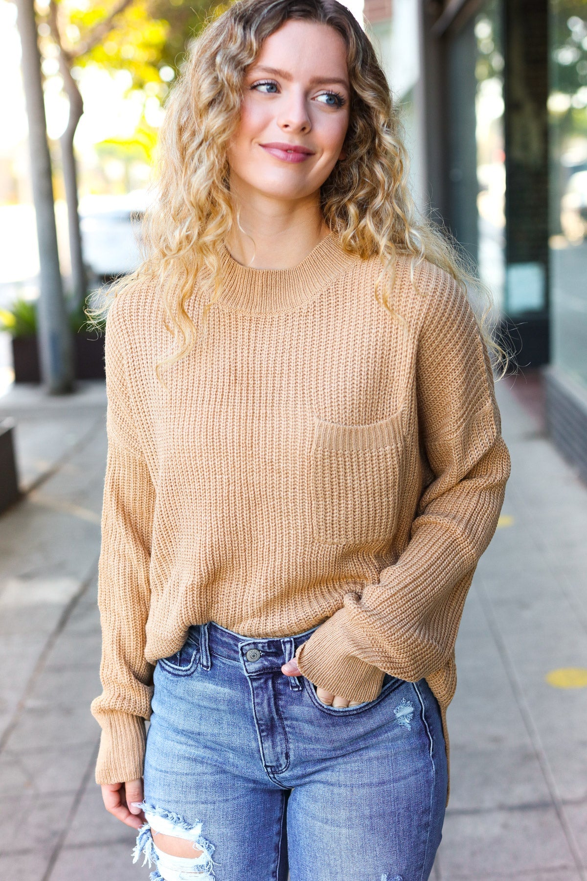 Maxct &Classy Chic Taupe Mock Neck Chest Pocket Knit Sweater