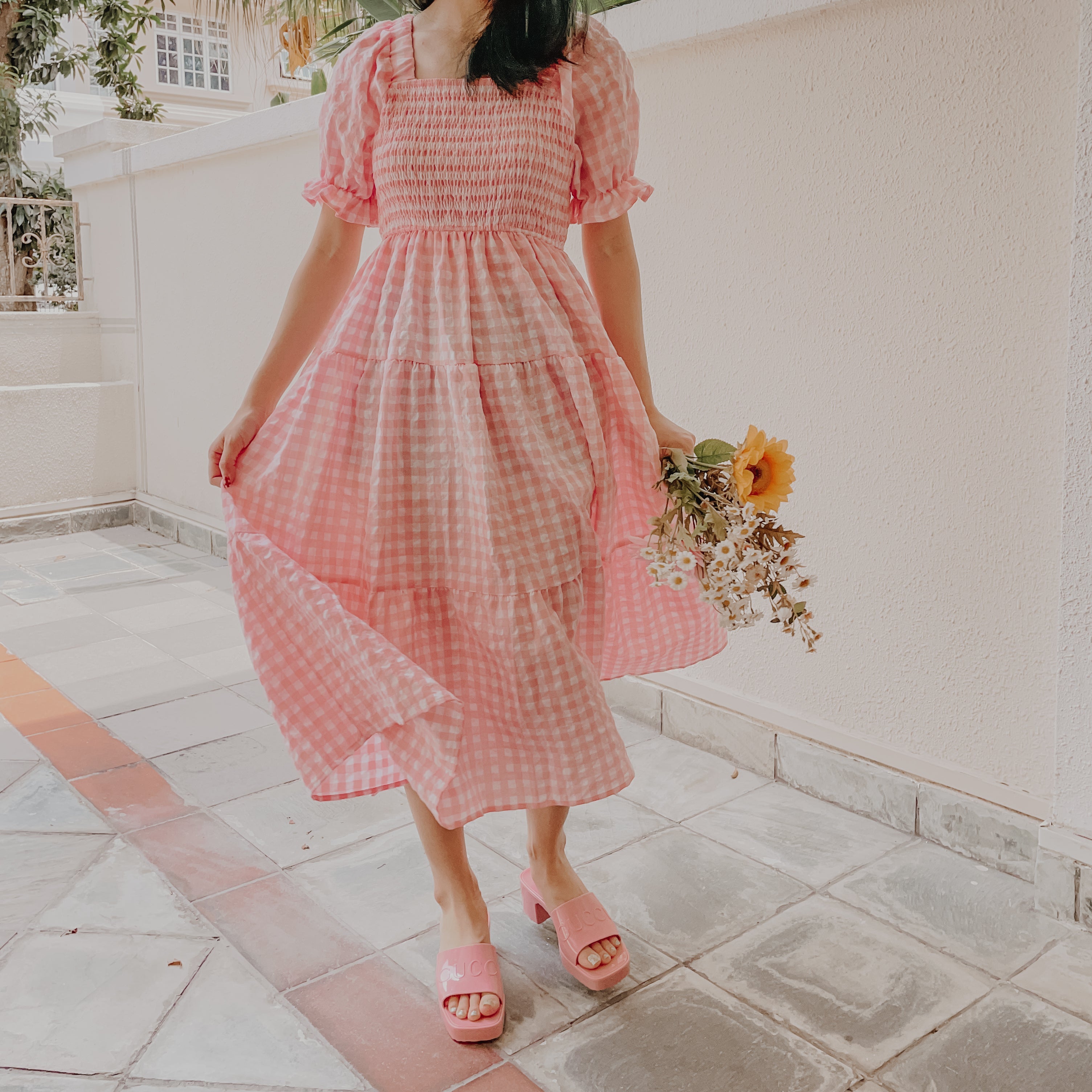 Puff Sleeve Gingham Tiered Dress Maxct