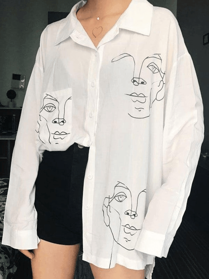 Maxct Abstract Face Print Long Sleeve Blouse