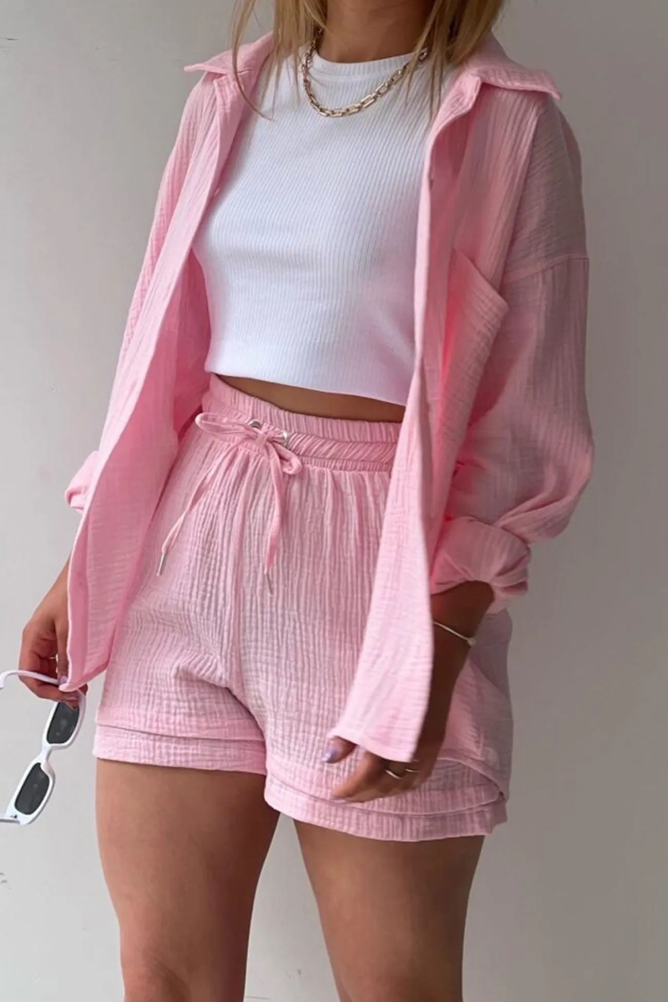 Maxct Long Sleeve Solid Color Shirt Shorts Set