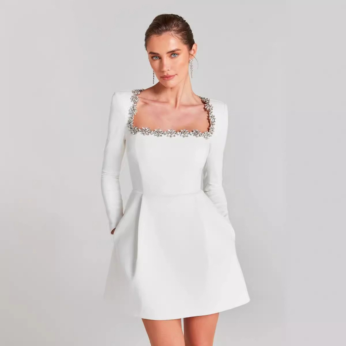 Maxct 2024 New Women's White French Square Collar Diamond Long Sleeve Bandage Dress Summer High-end Sense - Image 2