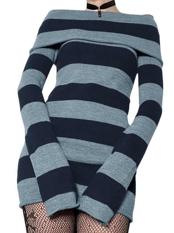 Off Shoulder Long Sleeve Striped Knit Mini Dress Maxct
