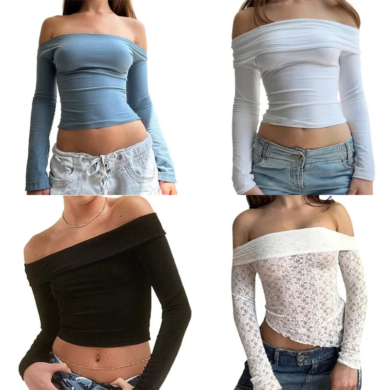Maxct Autumn Spring Korean Off Shoulder T-shirt Chic Vintage Backless Slim Fit Crop Tops Women Fairy Coquette Tees Y2K Pretty Outfits