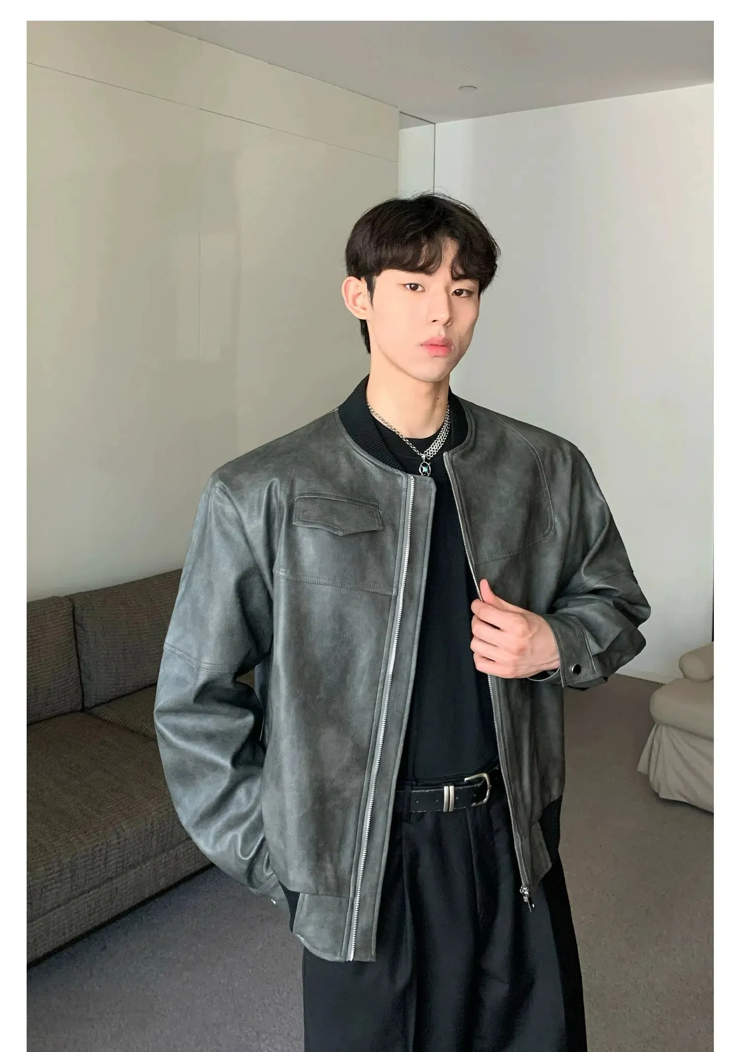 Maxct Round Neck PU Leather Jacket