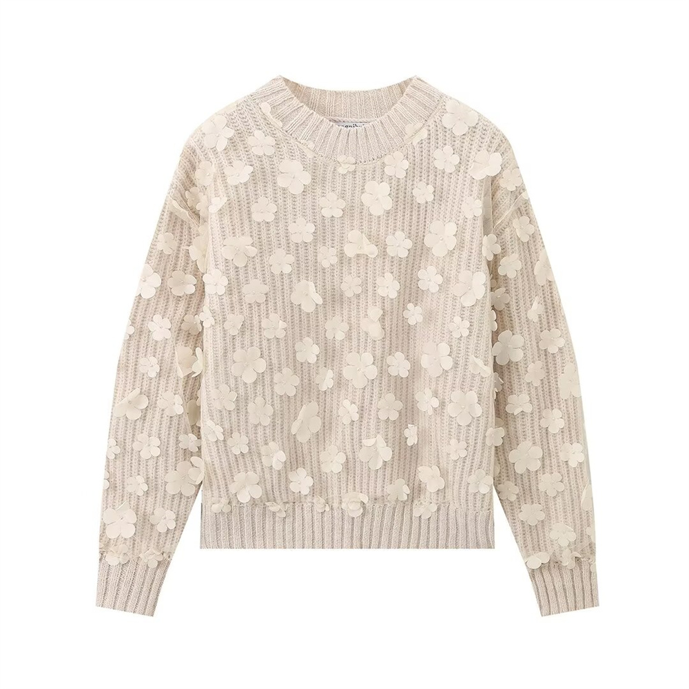 Maxct Autumn New Women's Fashion Loose Flower Decoration Splicing Long Sleeve Round Neck Knitted Shirt