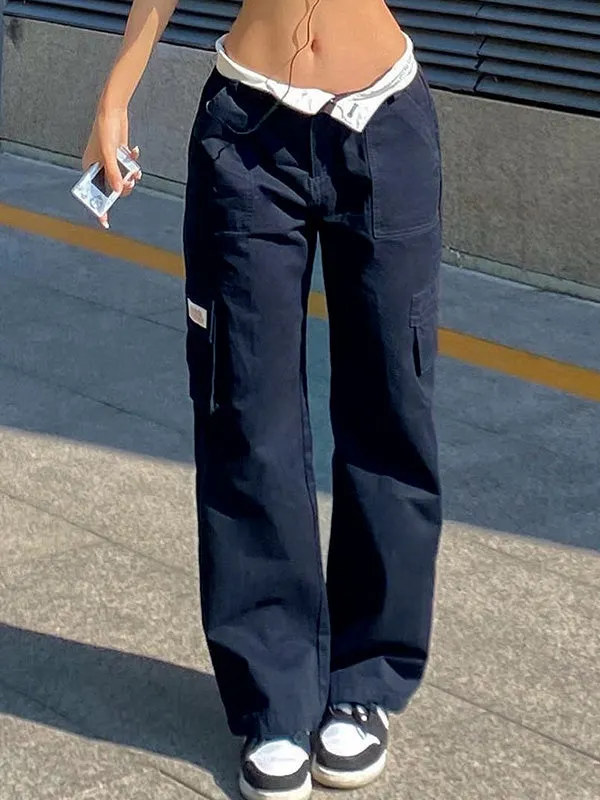 Fold Over Waist Y2K Straight Leg Pants Maxct