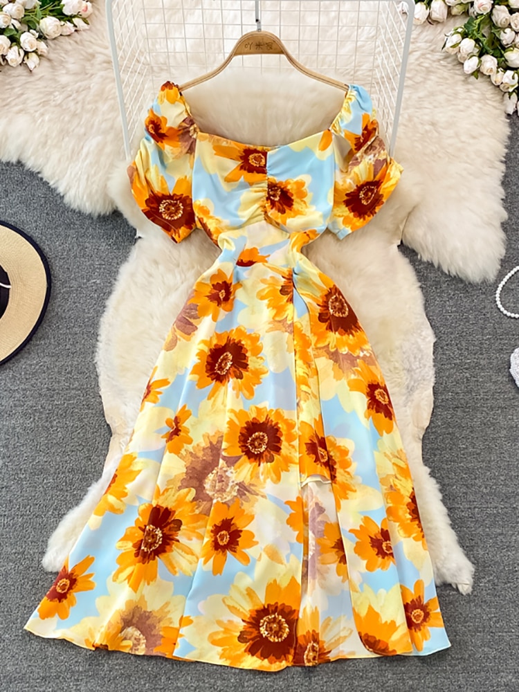 Vintage Women Printed Dresss Sexy Square Collar Short Puff Sleeve High Waist A-Line Vacation Beach Vestidos Female New