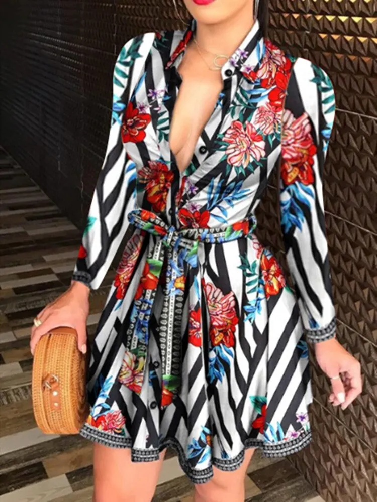 Maxct Women Printed Long Sleeve Dress Casual Bandage Mini A-line Dresses Sexy Party Summer Feminias Vestidos Women Clothes