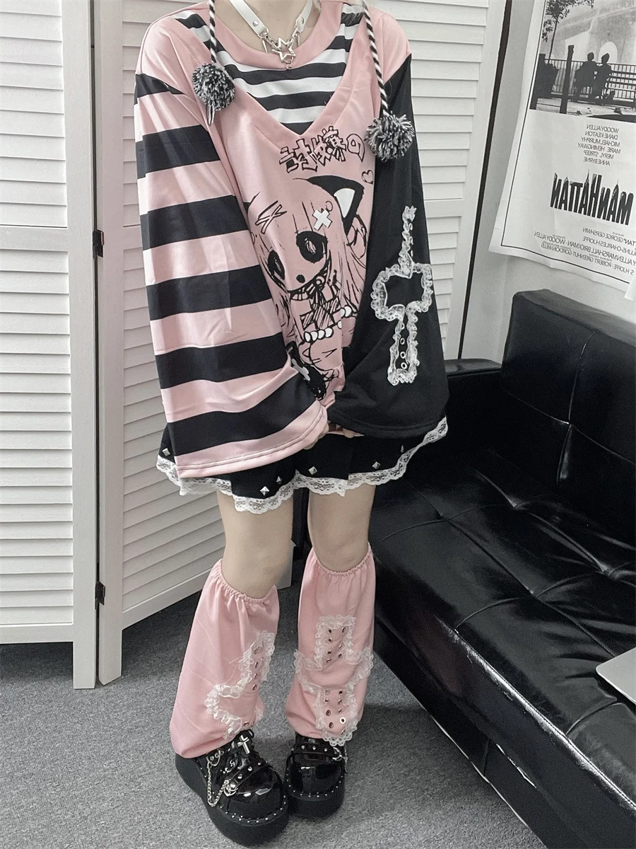 Maxct Y2k Fashion Fake Two Pieces Cartoon Print T-shirts Women Casual Loose Grunge Tops Aesthetic Fairy Harajuku Kawaii Tee