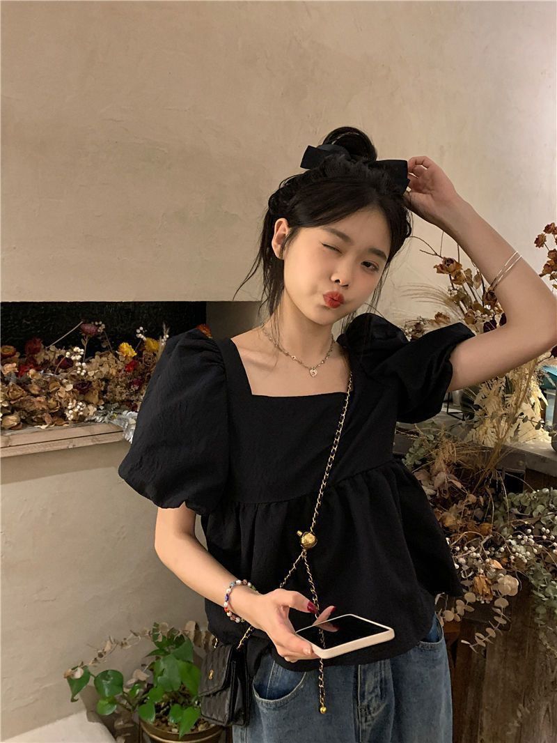Blouses Women Square Collar Sweet Loose French Style Puff Sleeve Chic Ruffles Simple Ulzzang Solid Fashion Temper Student Summer