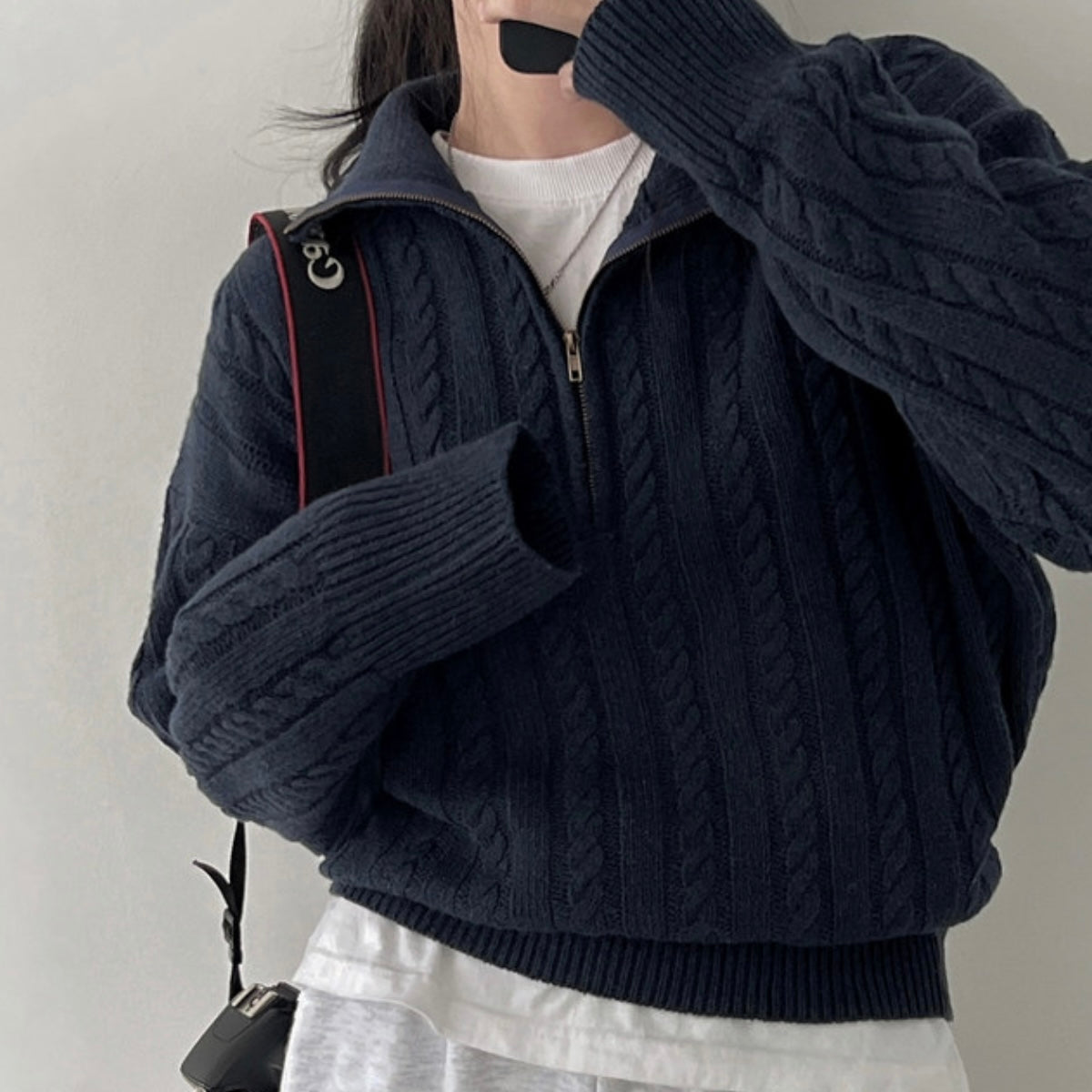 Maxct Vintage Lapel Neck Cable Knit Sweater