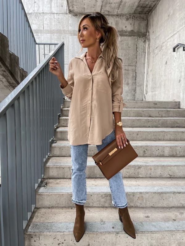Maxct fashion outfits Autumn Simple Solid Color Sleeve V-neck Button Lapel Shirt for Women