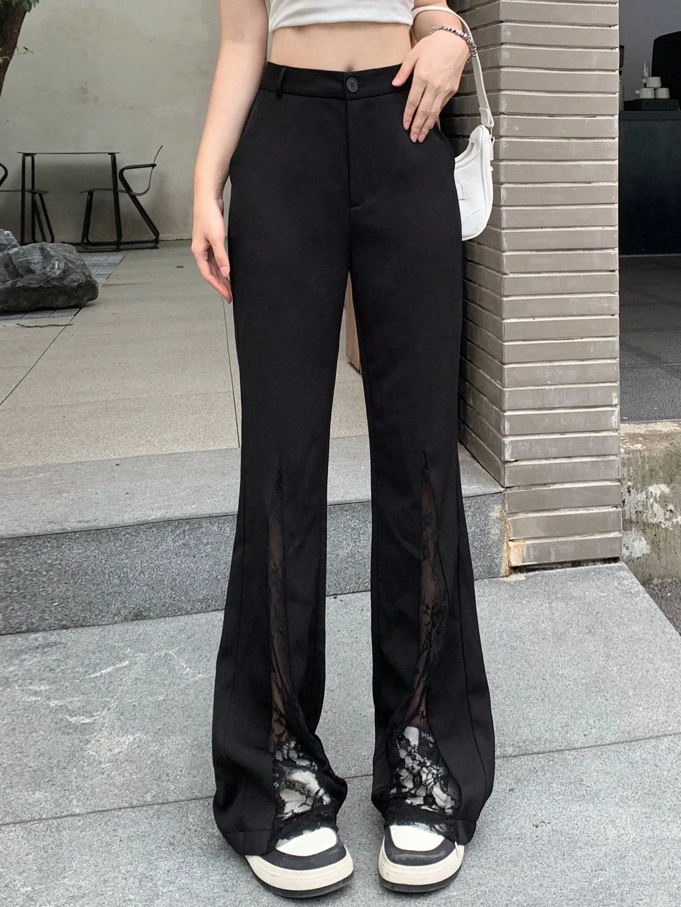 Maxct Women's Lace Splice Fashionable Daily Wear Suit Pants Wide-Leg Trousers