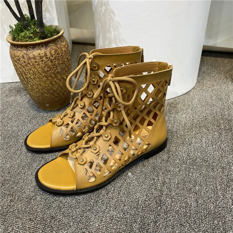 Strappy Sandals Boots Open Toe Back Zipper Flat Gladiator Sandals Maxct