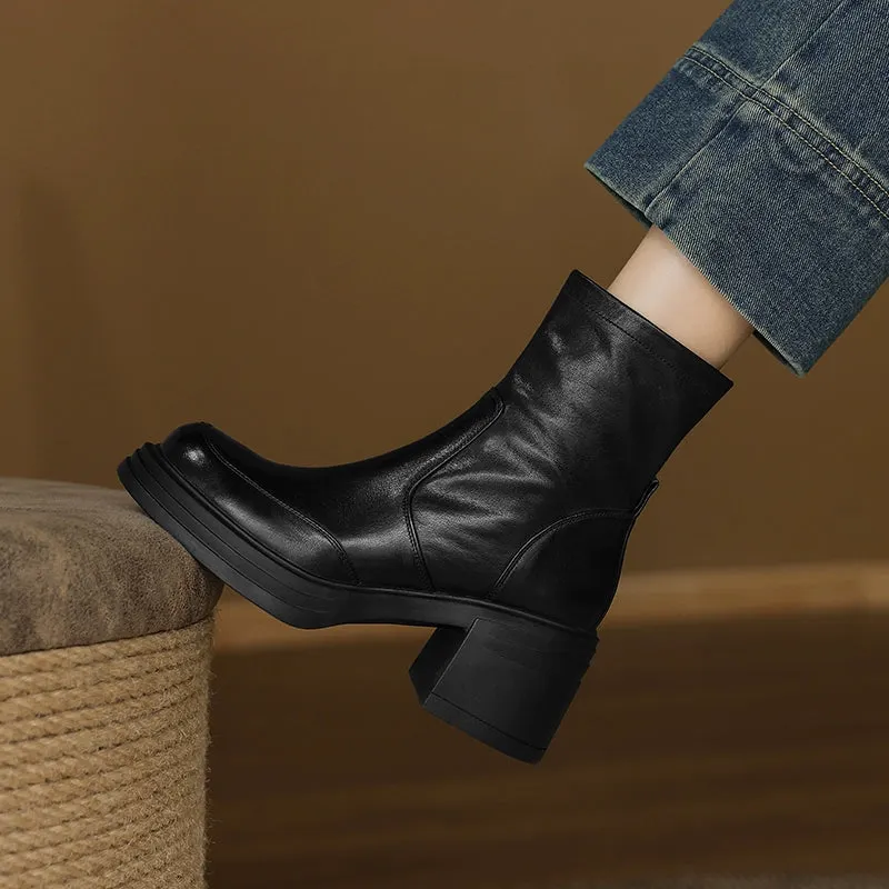Autumn Genuine Leather Casual Soft Sole Round Toe Chunky Boots