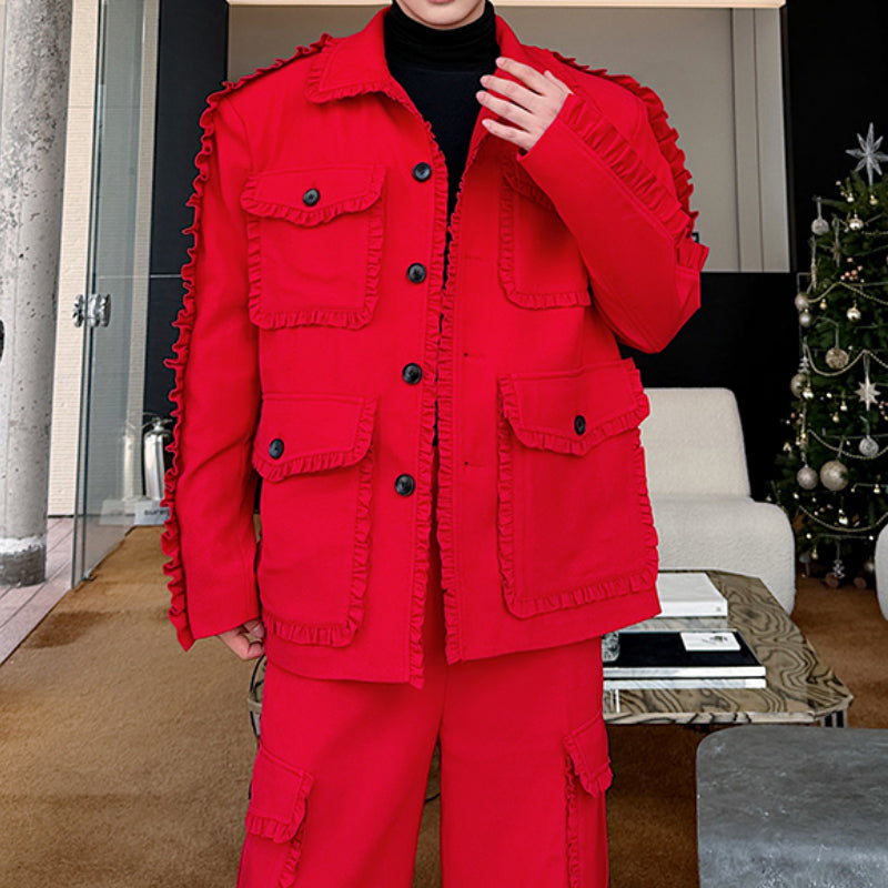 Maxct Red Suit Multi-pocket Jacket Wide-leg Trousers Two-piece Set