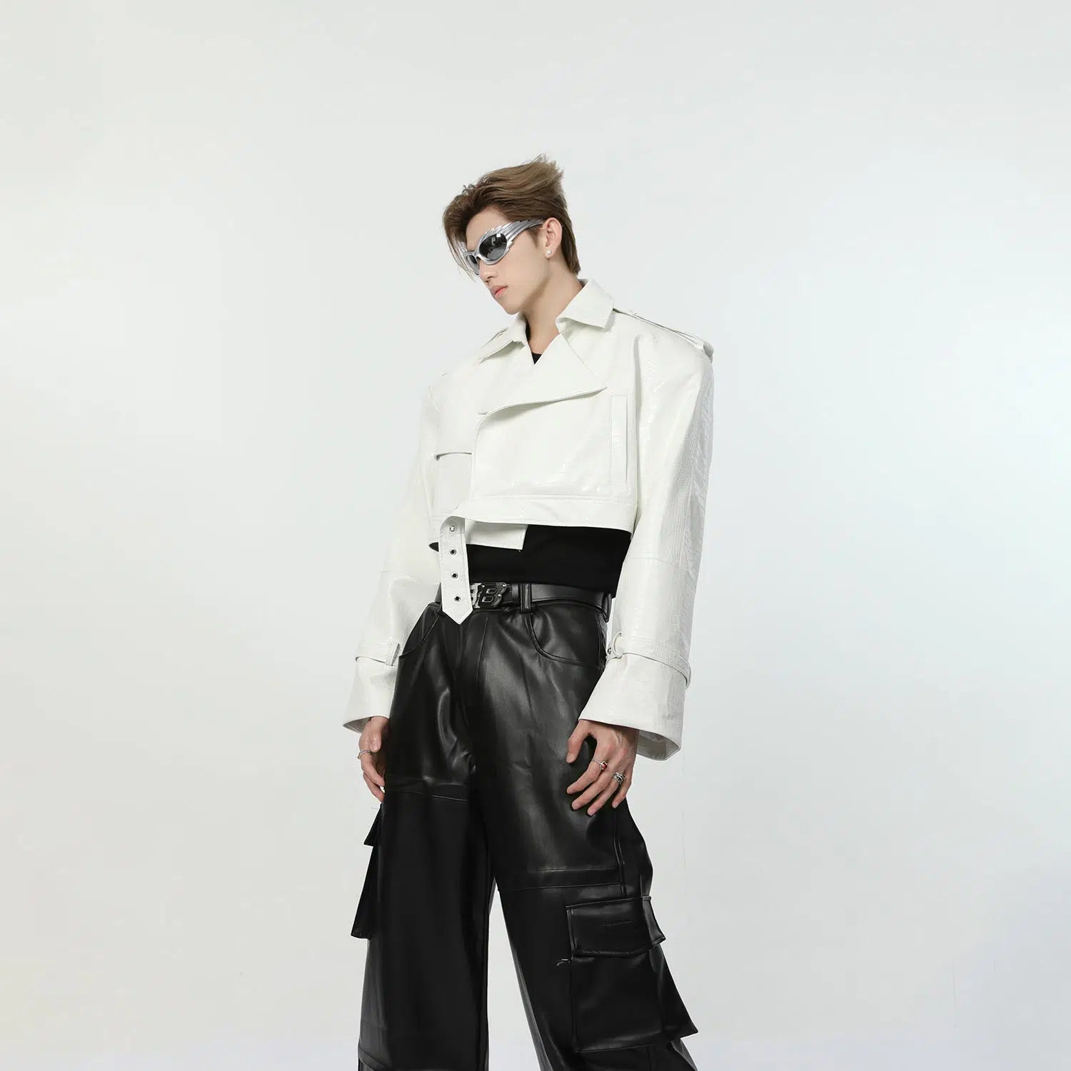 Maxct Short Crocodile Print Leather Jacket