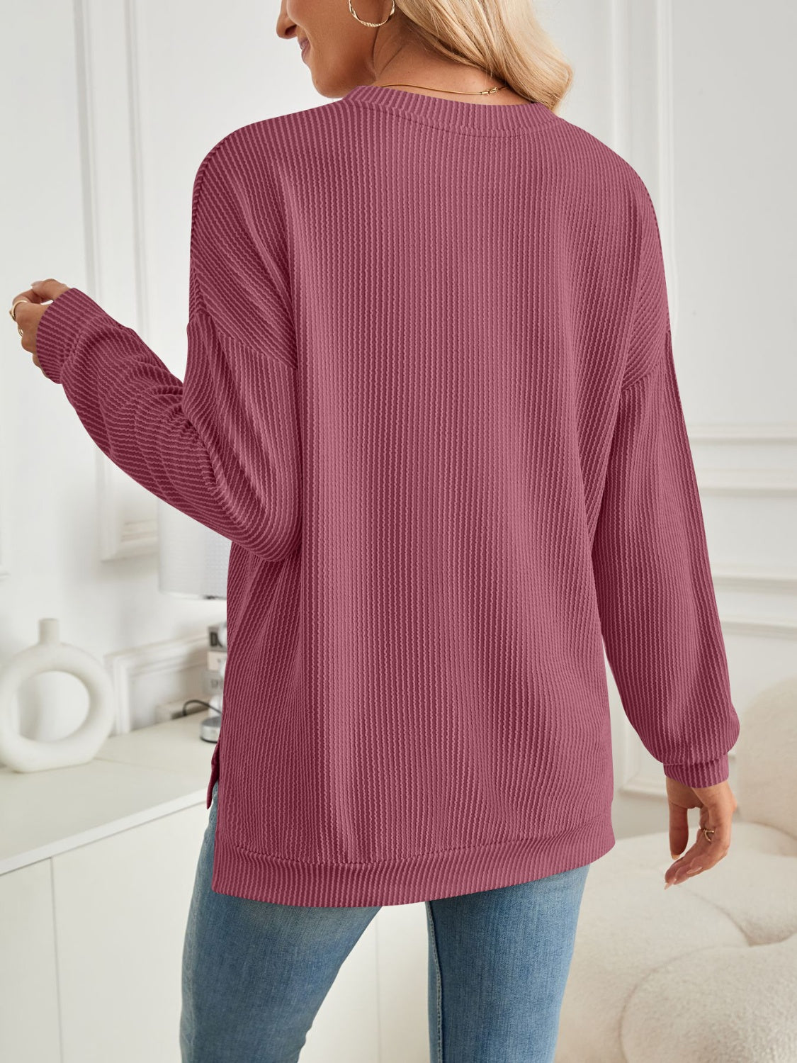Maxct &Slit Round Neck Long Sleeve Sweatshirt