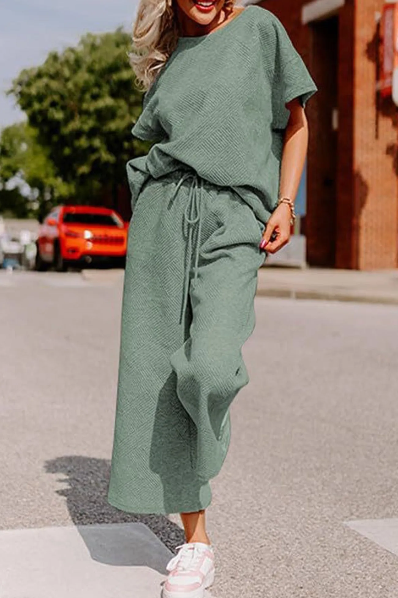 Maxct Solid Textured T-shirt Long Pants Set