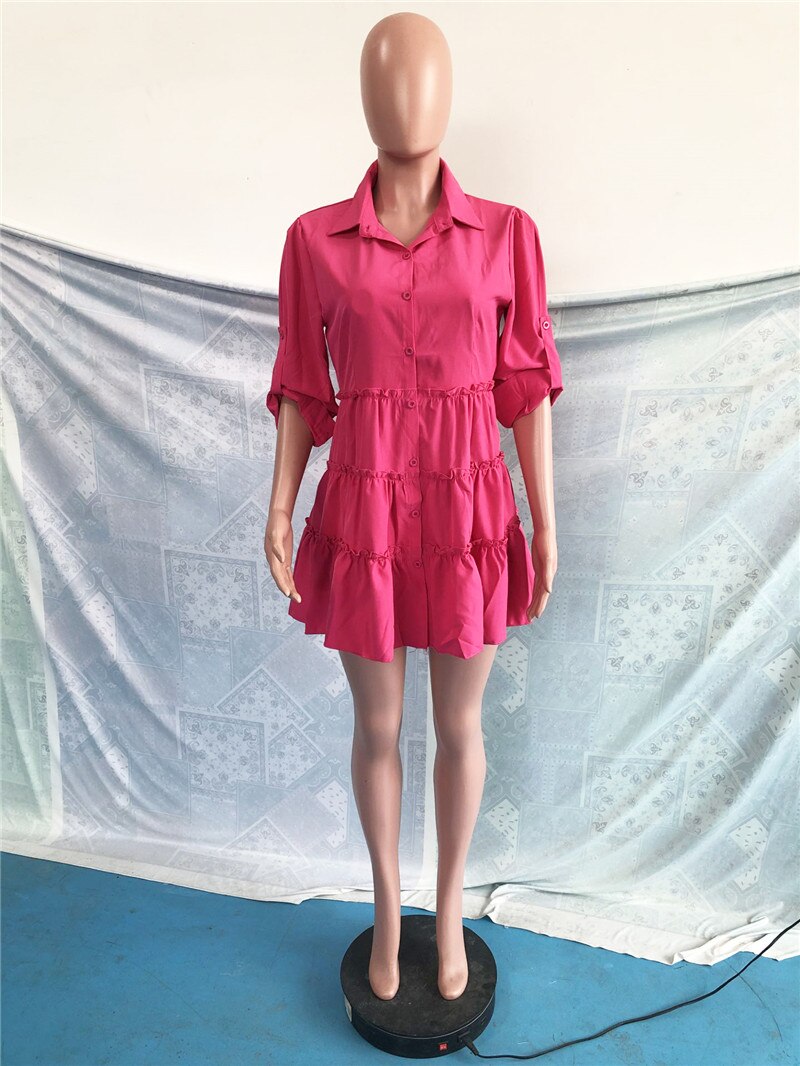 Solid Ruffles Shirt Dress Women Streetwear Half Sleeve Buttons Up High Waist Mini Dress Summer Casual Party Dresses