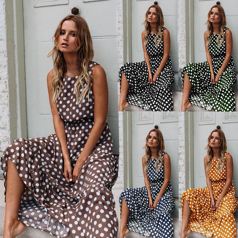 Maxct Sleeveless Polka Dot Print Women Midi Dress Casual Fashion Dresses A-Line Boho Elegant Beach Long Dress Vestidos