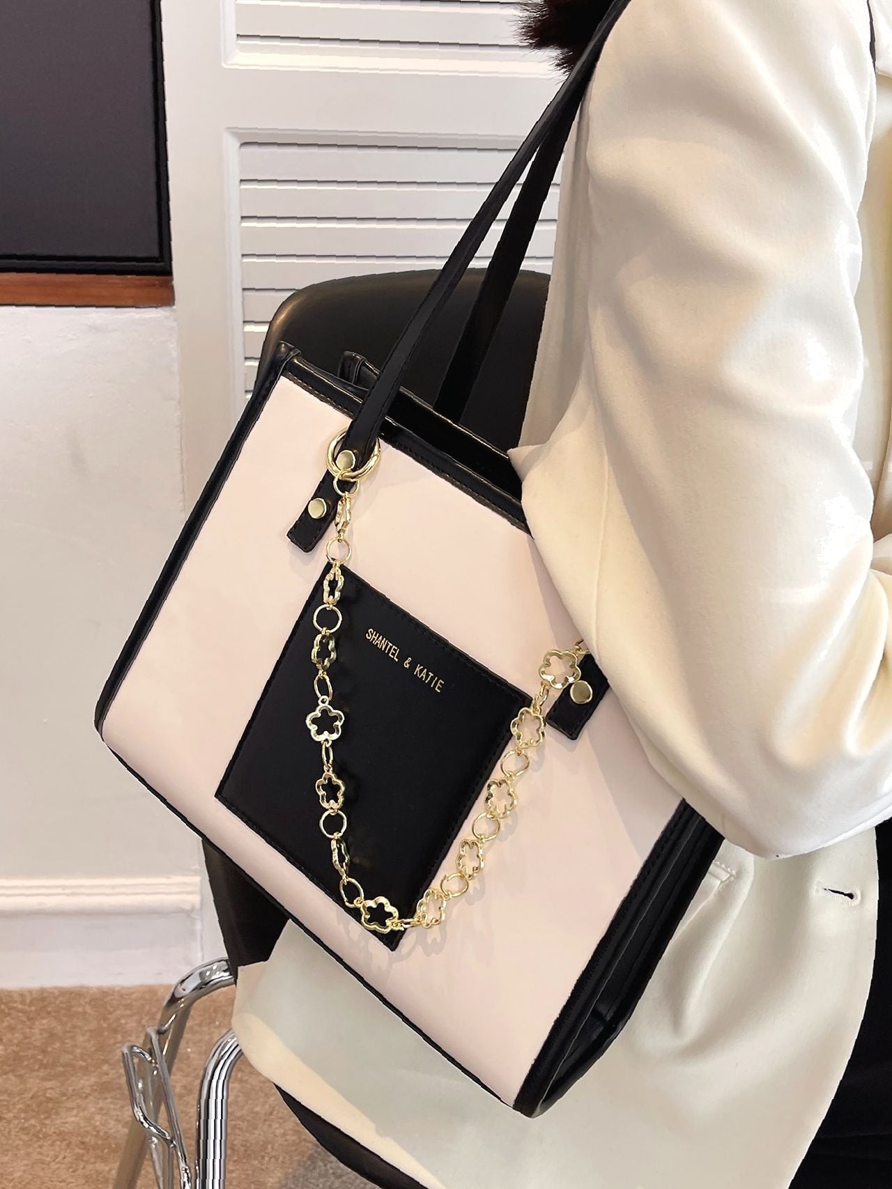 Maxct - Letter Graphic Two Tone Shoulder Tote Bag  - Women Tote Bags