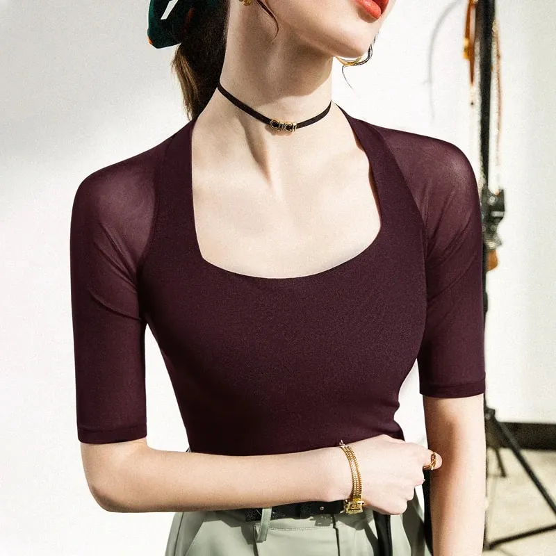 Maxct Summer Vintage Short Sleeve Tee Square Collar T-shirt Girls Solid Stretchy Black Mesh TShirts Tops For Women