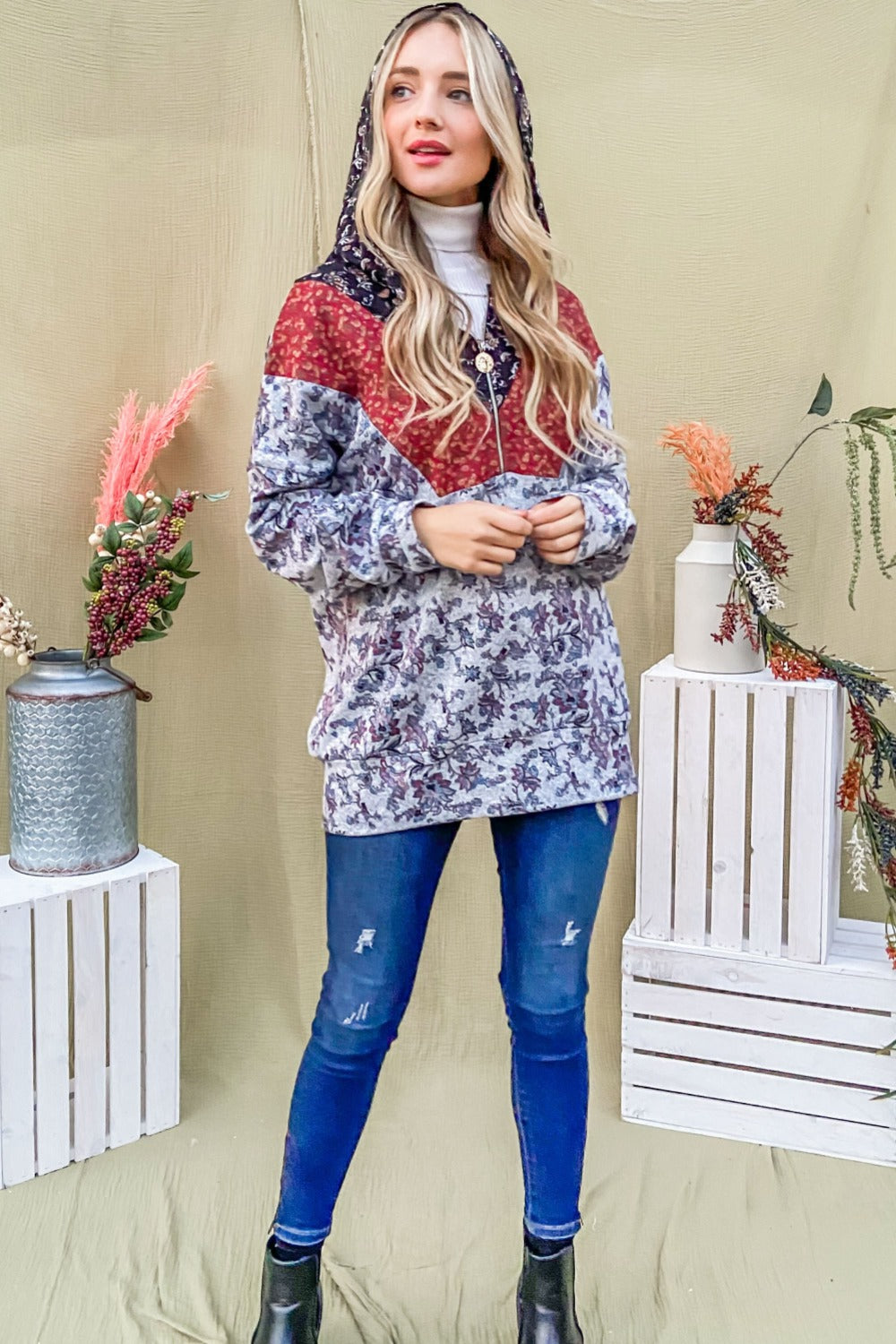 Maxct &And The Why Printed Half Zip Up Long Sleeve Hoodie