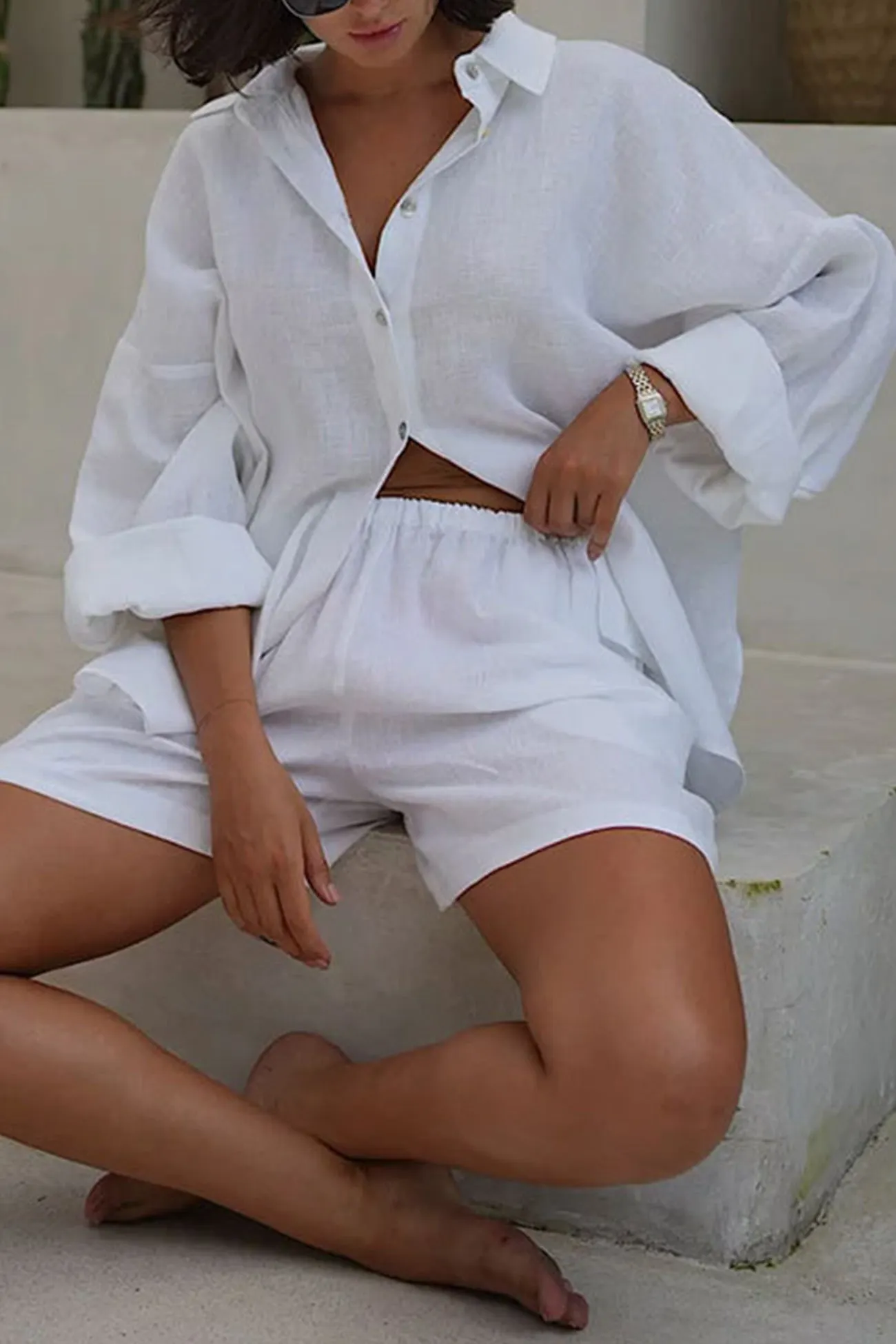 Maxct Cotton Slit Hem Blouse Shorts Suits