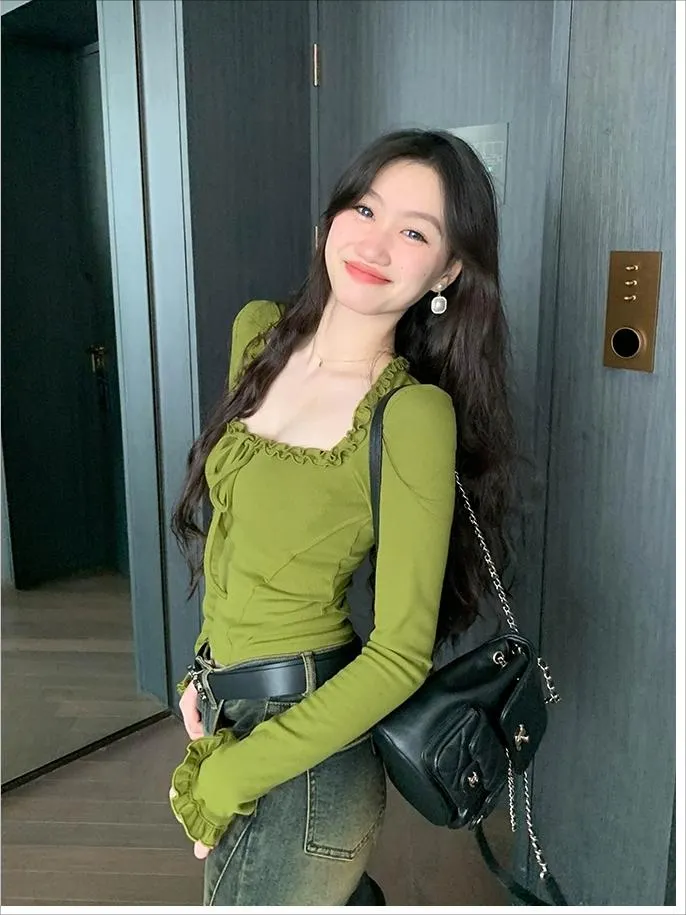 Square Neck Pleated Sexy Tops Casual Autumn Slim Long Sleeved T-shirt for Women's Ins Fashion Crop Top