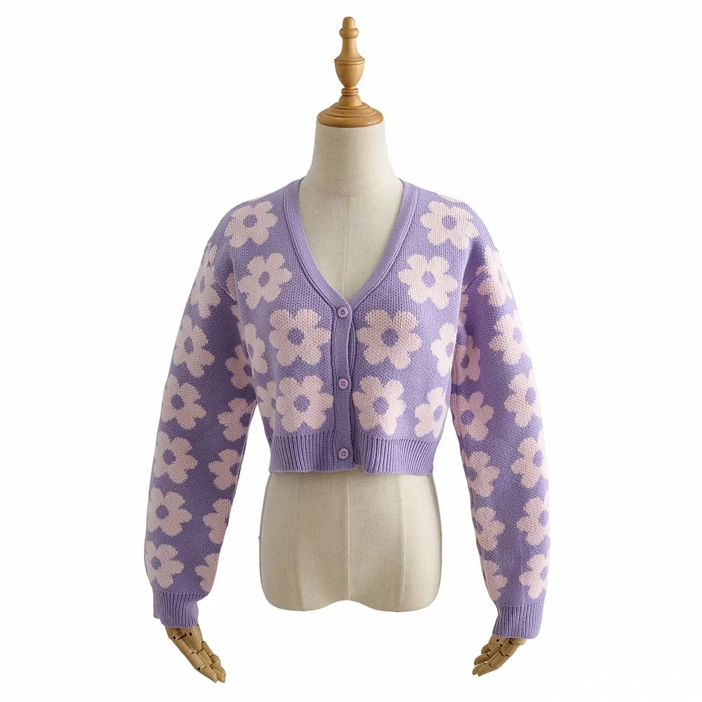 Maxct Pointelle Knit Floral Crop Cardigan