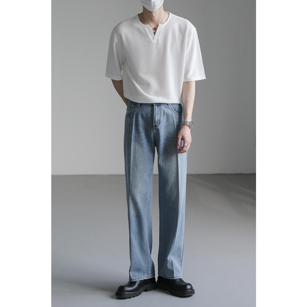 Maxct 90s Streetwear Summer New Korean Style Loose Small V-neck Short-sleeved T-shirt Men's Fashion Brand Wafflet High-end Sense Half-sleeved T-shirt Top