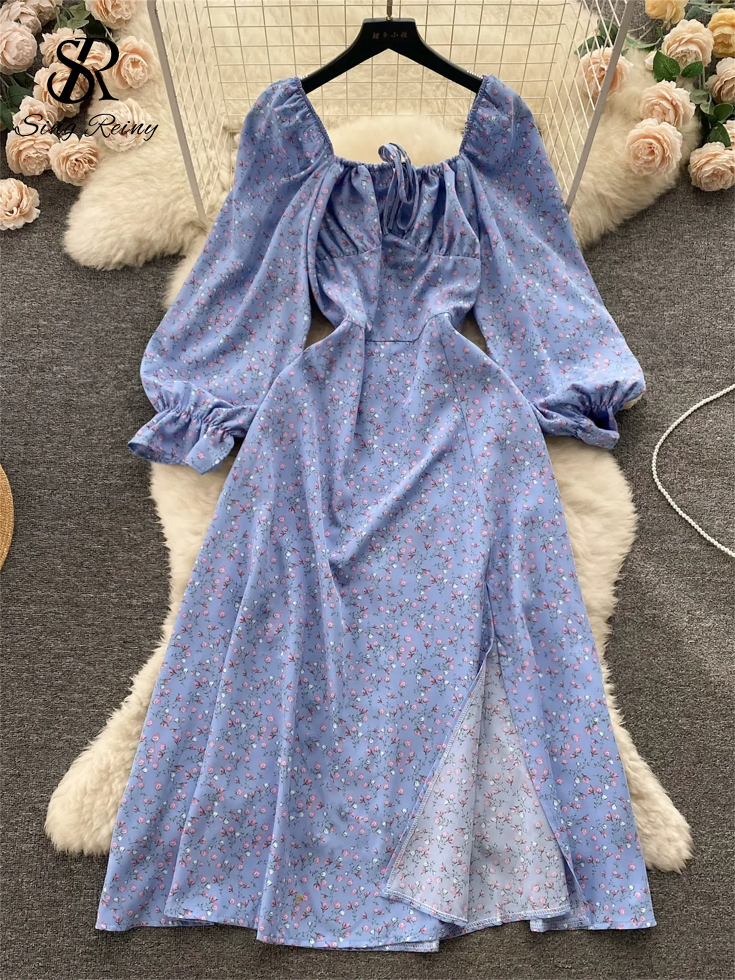 Maxct Summer Chiffon Split Midi Dress Women Square Collar Puff Sleeve Elastic Waist Gentle Korean Flora Print Sexy Dress