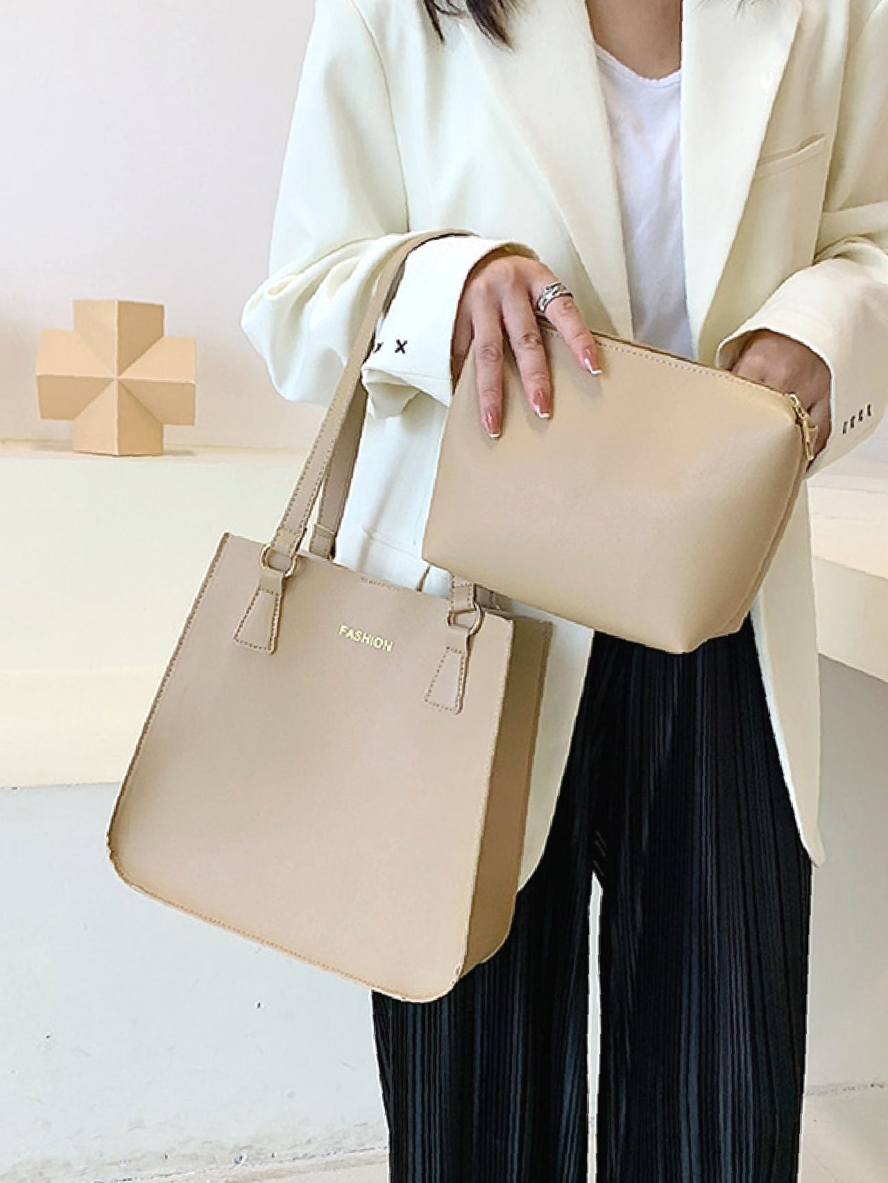 Maxct - Letter Graphic Shoulder Tote Bag with Inner Pouch  - Women Tote Bags