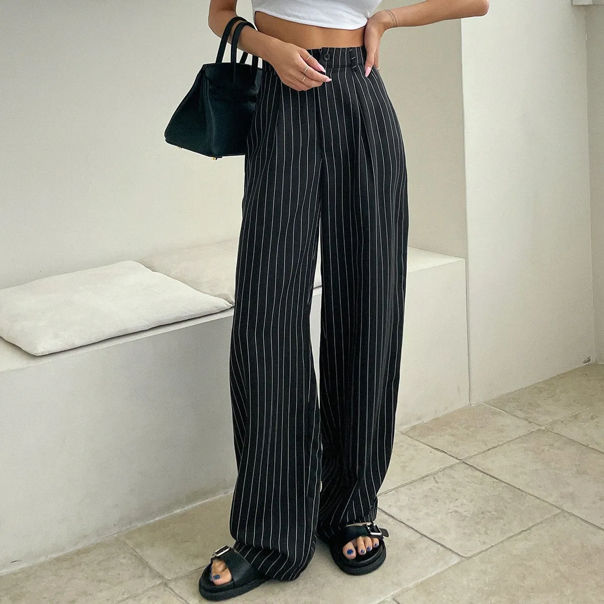 Maxct Striped Fold Pleated Tailored Pants