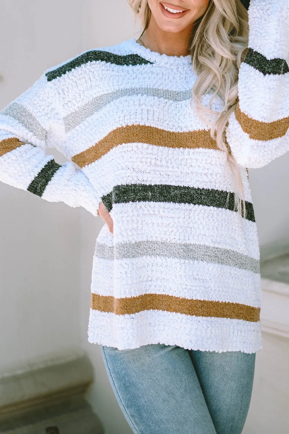 Maxct &Striped Round Neck Dropped Shoulder Sweater