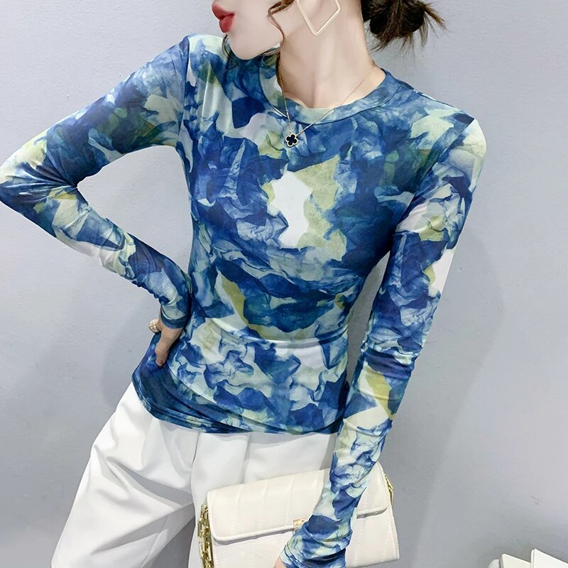 Maxct S-3XL Autumn Spring Full Sleeve O-Neck T-shirt Girls Solid Stretchy Printed Mesh TShirts Tops Women Tees