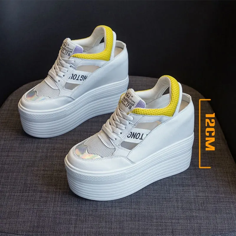 Leather Women's White Platform Sneakers 12cm Heel Maxct