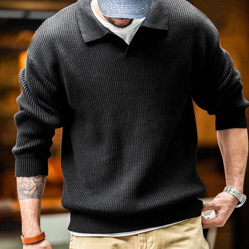 Maxct Open Neck Collared Rib Knit Sweater