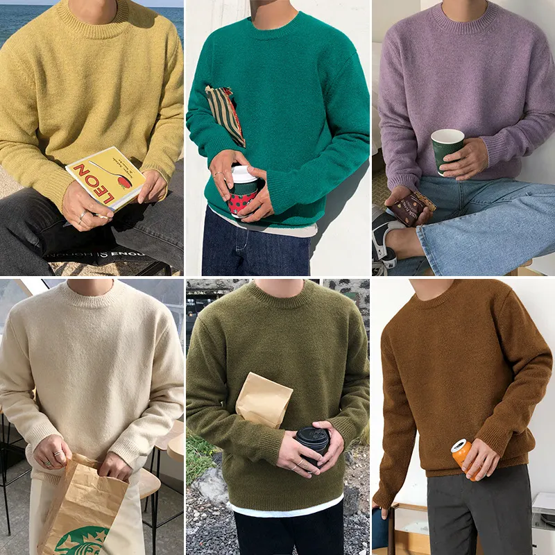 Maxct streetwear men outfits Sweater Men's Korean-Style Loose round Neck Solid Color Sweater Autumn and Winter Thickened Trendy Boys Bottoming Shirt outside