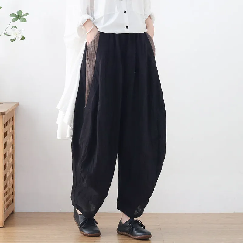 Women Loose Crinkled Color Block Linen Pants