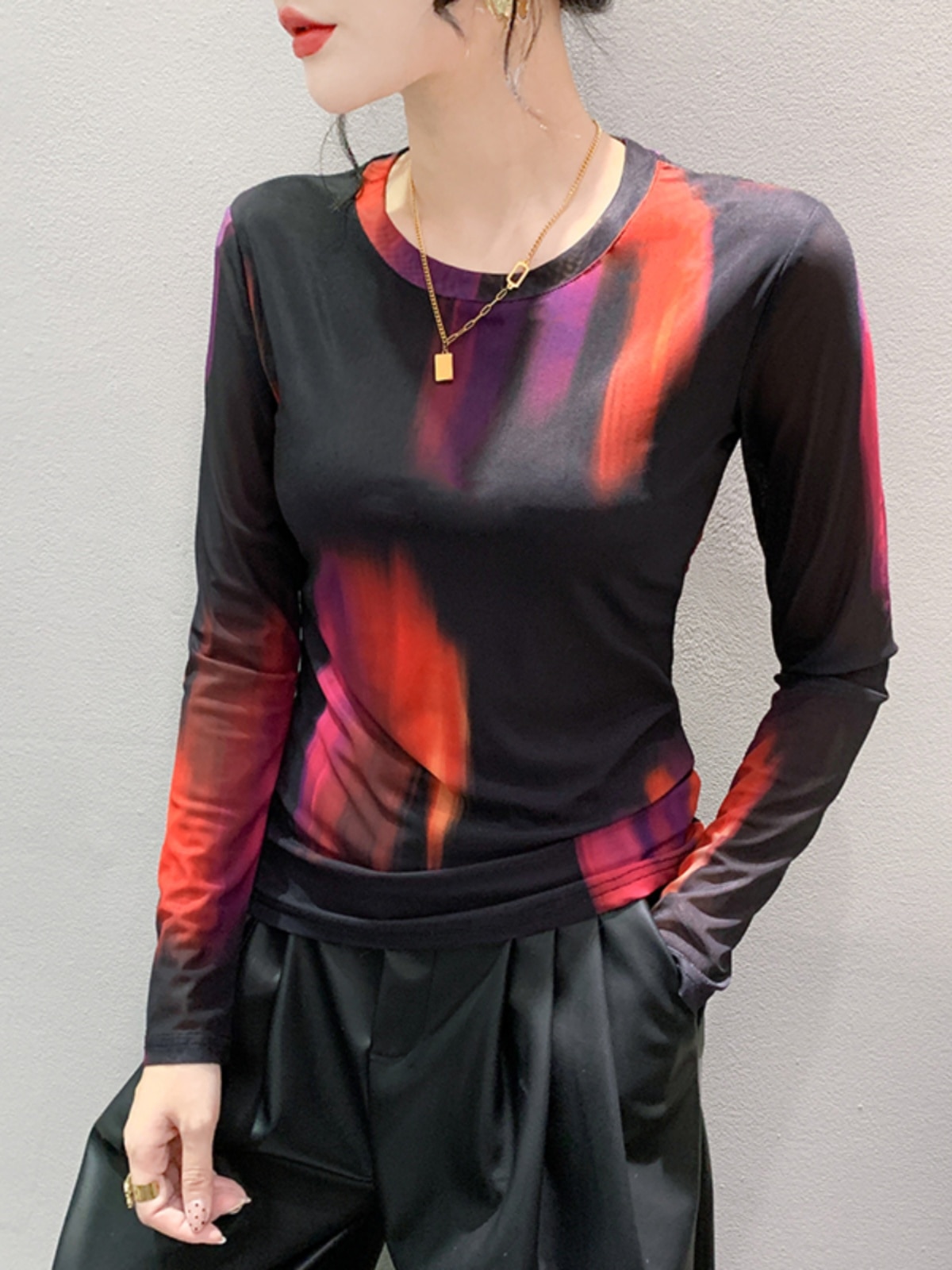 Maxct S-3XL New Vague Printing Mesh T-shirt Women's Round Neck Long Sleeve High Stretch Light Fabric Tees Tops