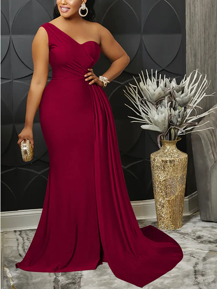One Shoulder Solid Color Party Dress Maxct