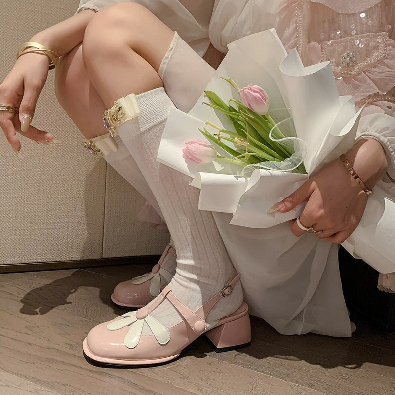 T strap Flower Detail Mary Jane Slingback Sandals Block Heel Square Toe Maxct