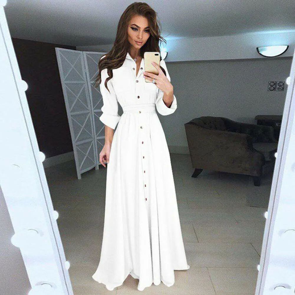 Maxct Shirt Button Down Dress Womens Long Sleeve Formal Long Maxi Evening Party Tunic S-3XL