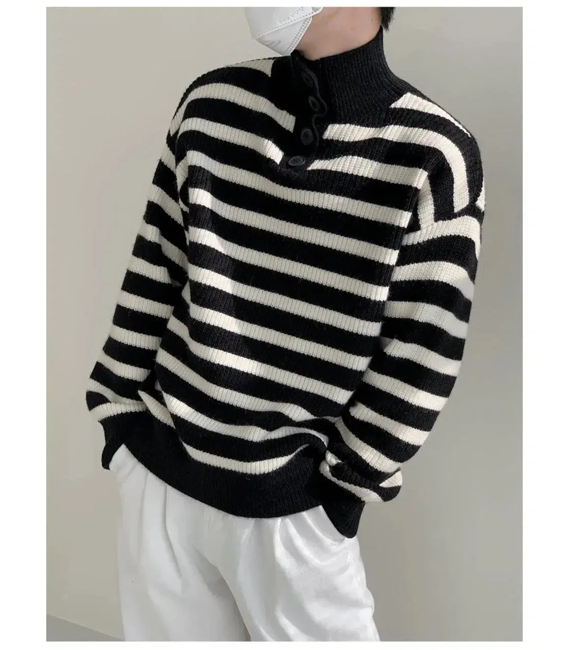 Maxct Button Stand Collar Striped Sweater
