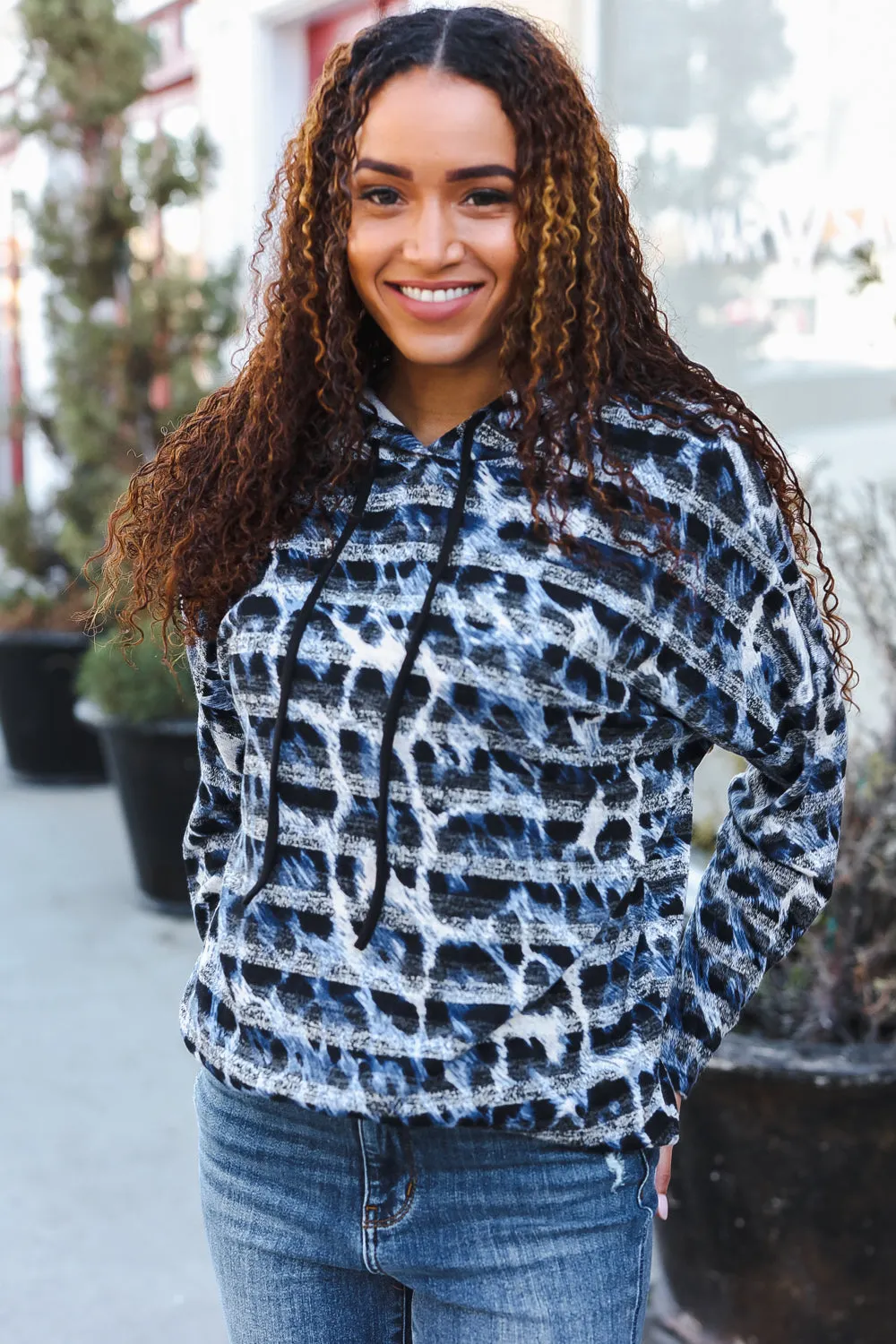 Maxct &Casual Chic Blue & Black Animal Print Stripe Hoodie