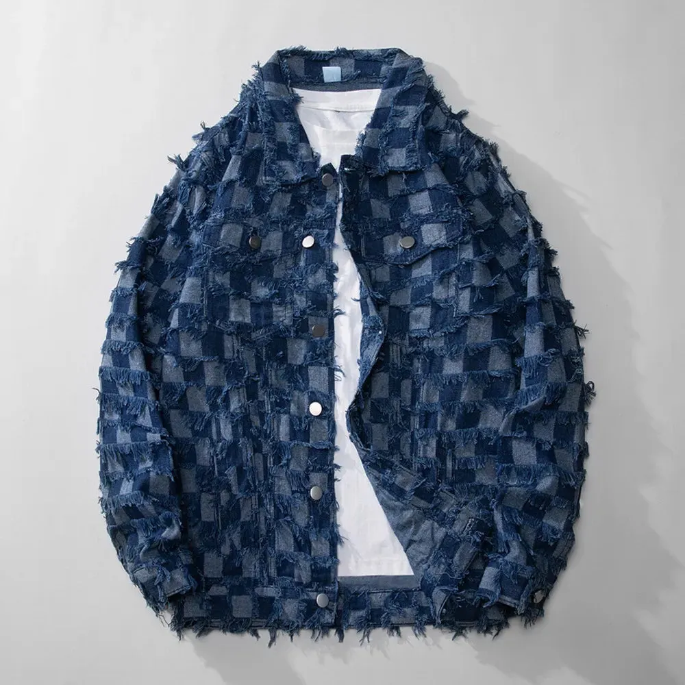 Maxct &Men's Retro Blue Plaid Tassel Denim Jacket