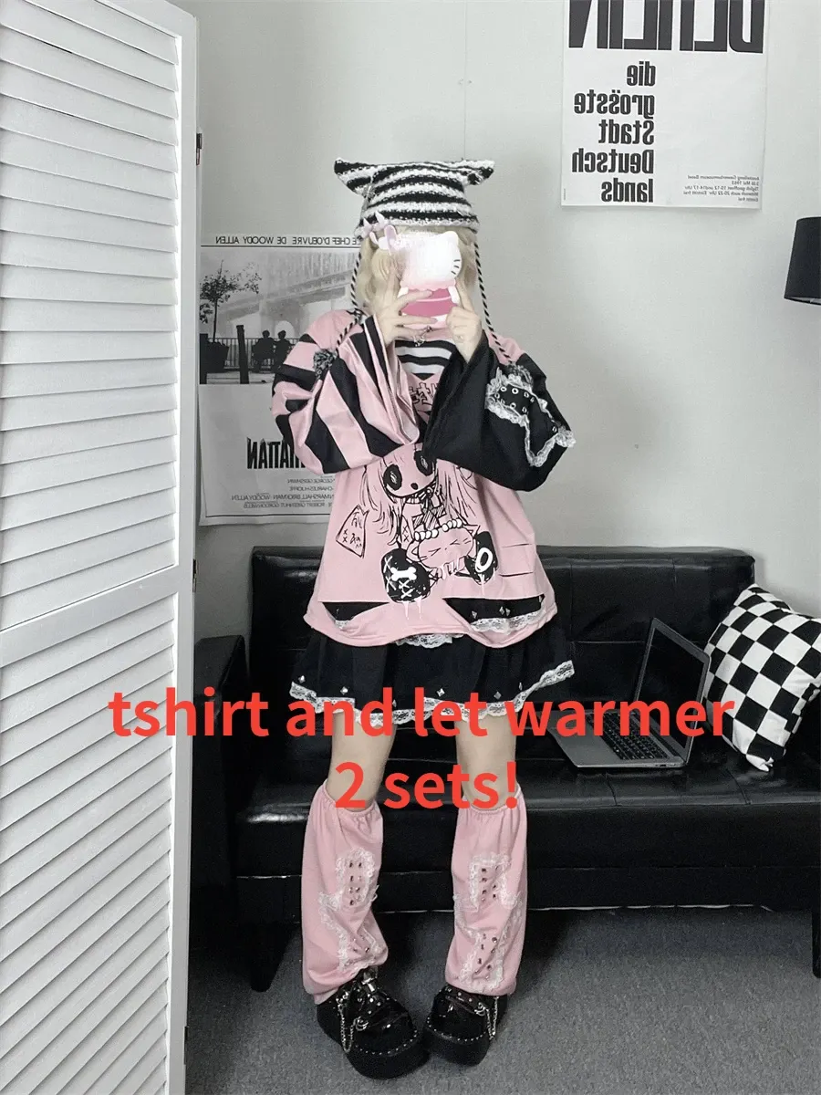 Maxct Y2k Fashion Fake Two Pieces Cartoon Print T-shirts Women Casual Loose Grunge Tops Aesthetic Fairy Harajuku Kawaii Tee