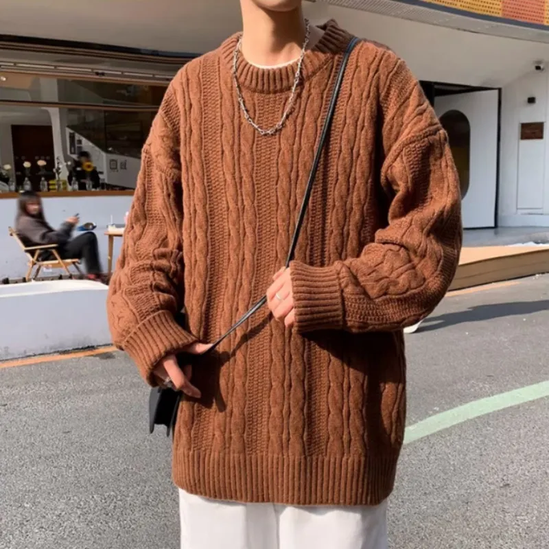 Maxct Pullover sweater men autumn winter pure color simple retro crewneck sweater lazy wind twist thread coat